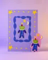 Zirkusfrosch-Postkarte von Neamo Arts, blaue Rückseite mit Sticker