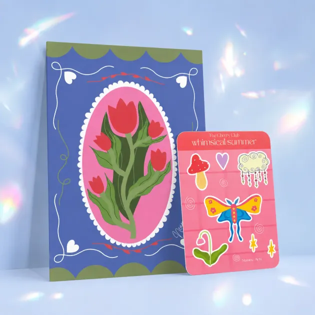 Whimsical Summer Bundle von Neamo Arts: Tulpen-Postkarte und Sticker Sheet