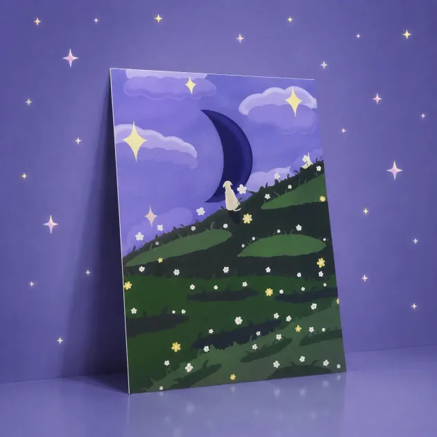 Print „Sunset to Starlight“, Rückseite: derselbe Hügel unter Mond und Sternen