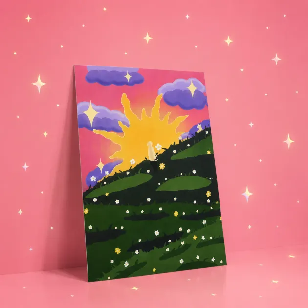 Print „Sunset to Starlight“, Vorderseite: Hund auf dem Hügel im Sonnenuntergang